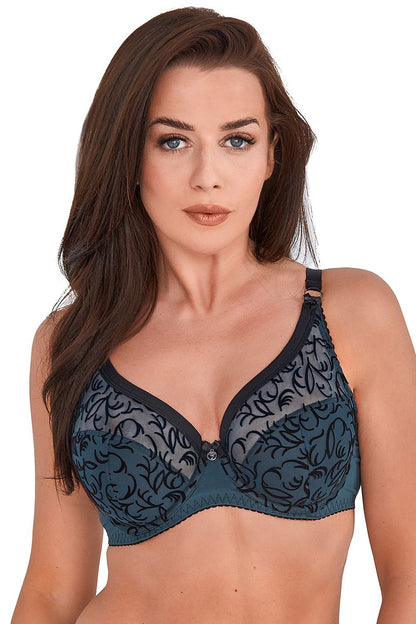 Elegant Turquoise Semi-Padded Bra Classic Design Whole Cup Stretch Knit With Flock Pattern  Back Made Of Thick Smooth Microfiber Cut Medium Built The Vertical Cut On The Lower Cup Holds The Bra Well And Adheres To The Bridge Great For Under Clothes