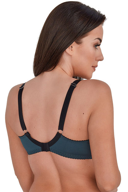 Elegant Turquoise Semi-Padded Bra Classic Design Whole Cup Stretch Knit With Flock Pattern  Back Made Of Thick Smooth Microfiber Cut Medium Built The Vertical Cut On The Lower Cup Holds The Bra Well And Adheres To The Bridge Great For Under Clothes