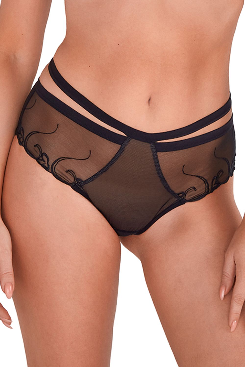 Sleek And Sexy Black Brazilian Panties Classic Cut  Cut-Out Back Delicate Embroidery On Mesh Decorative Belt At The Waist