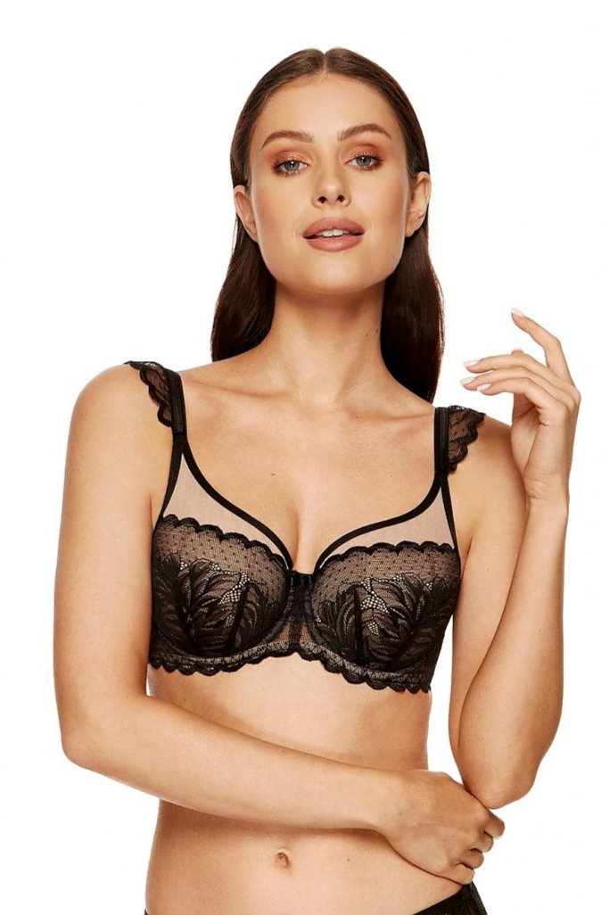 Stiffened Padded Bra Black And Beige Stiffened Cups Made Of Corset Foam With Floral Lace On The Outside Upper Part Of Cup Made Of Tulle Decorative Frills On The Straps Can Be Detached The Inside Of The Cups Is Covered With Cotton Making Them Skin-Friendly