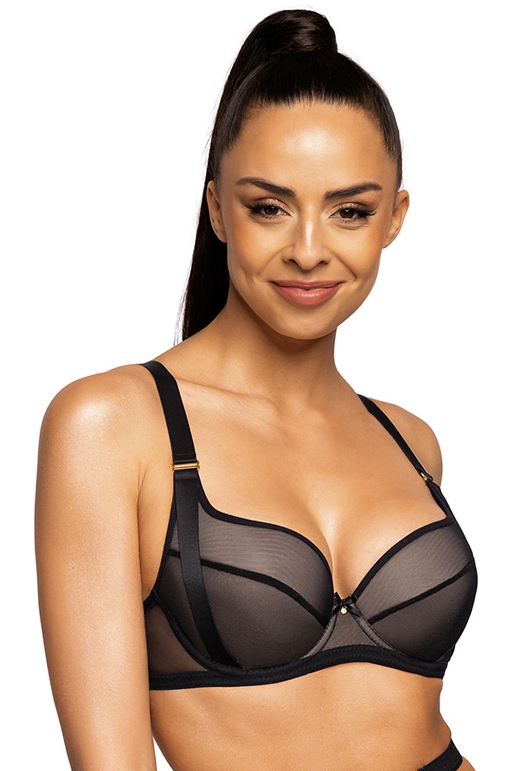 Styling Black And Beige Push-Up Bra Between Cups Are A Bow And Jewelry Decoration