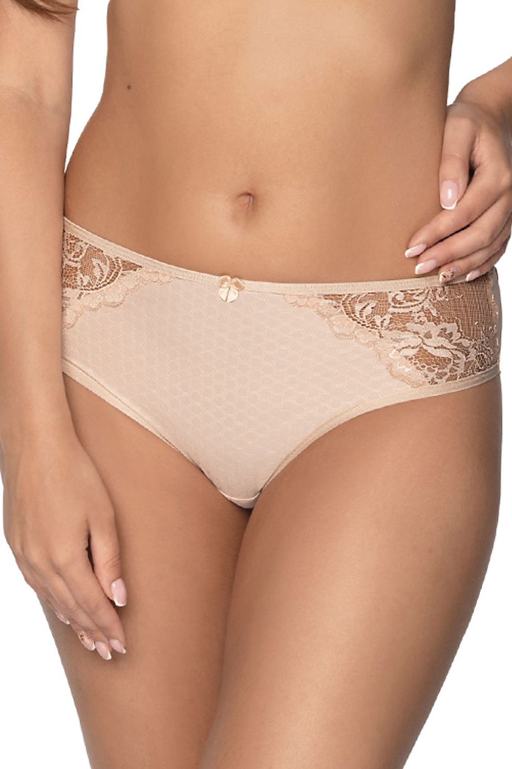 Lacy Beige Panties Classic Top Full Cut Patterned Material On The Front Lace Inserts On Sides Back With Lace Legs On The Back Are Double Folded Mesh