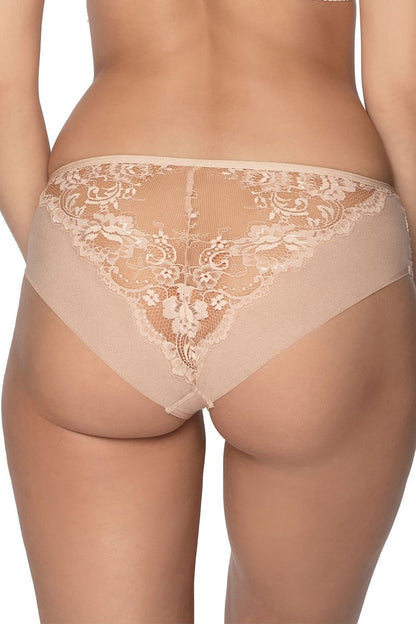 Lacy Beige Panties Classic Top Full Cut Patterned Material On The Front Lace Inserts On Sides Back With Lace Legs On The Back Are Double Folded Mesh