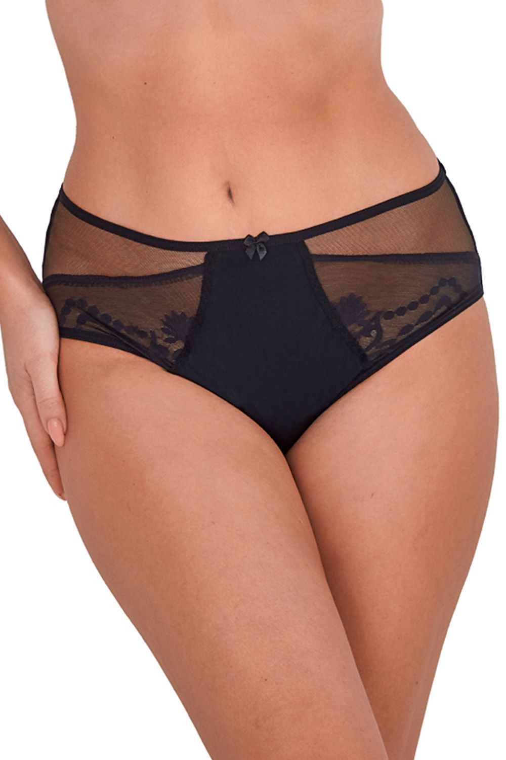 Forever Desired Black Panties Classic Cut With Higher Top Made Of Smooth Stretchy Knitwear On The Front Lace And Mesh Inserts