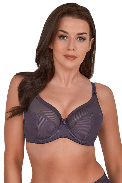 Shiny Silky Smooth Grey Semi-Padded Bra Cup Extended To The Strap Cups Are Made Of Knitted Fabric With Stripes Top Line With Elastic Trim