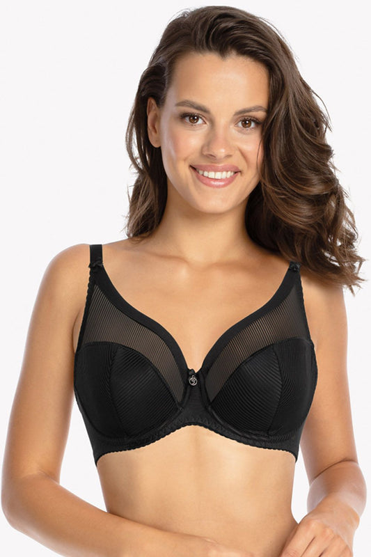 Sexy Black Semi-Padded Bra Cup Extends To The Strap Cups Are Made Of Knitted Fabric With Stripes Top Line With Elastic Trim