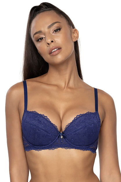 Tempting Midnight Navy Blue Push-Up Bra Made Of Lace WIth A Floral Motif Removable Magnifying Inserts Inner Side Of Cups Lined With Cotton And A Bow Between The Cups With A Jewelry Decoration