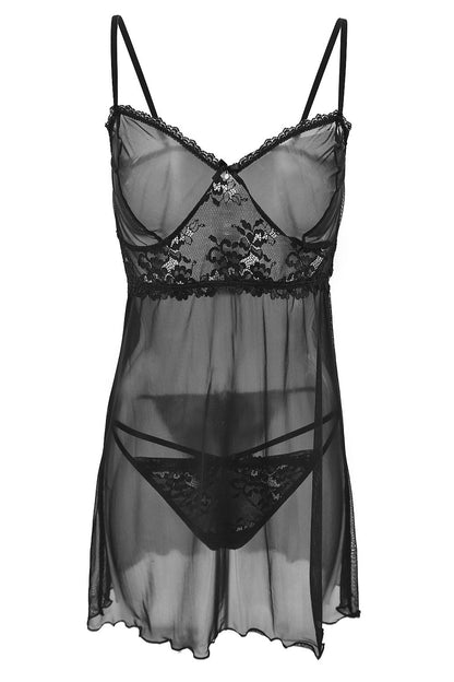 Sexy Black Transparent Chemise With Profiled Tulle Cups With Black Lace Under The Bust On The Front Has A Bow And A Jewelry Patch  And Straps On The Thong