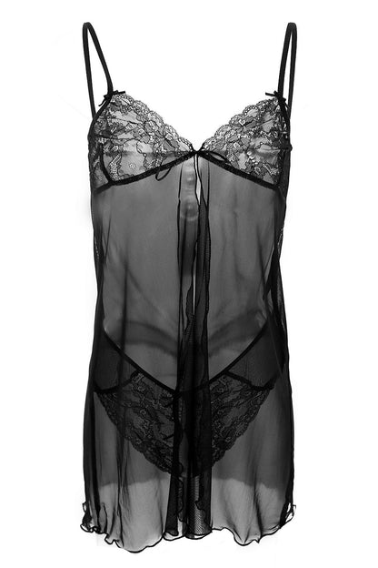 This Chemise And Thong Is Made Of Profiled Cups Decorated With Black Lace It Is Open And Tied At The Bust With Thin Straps