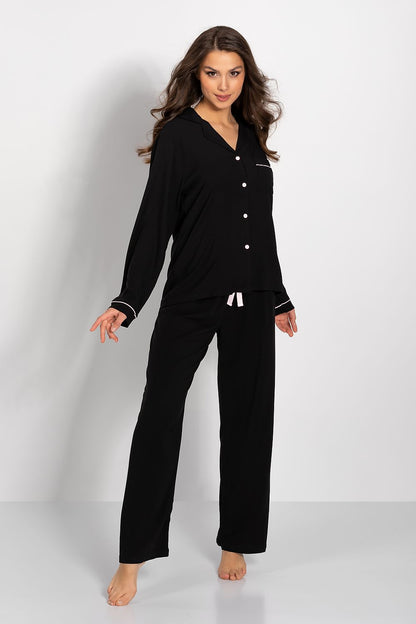 Women's Pajama Shirt With Long Sleeves And Pants   Decorated With Piping Detail All Over