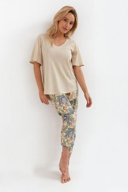 Striking Pajamas With Short Sleeves And V Neckline Cotton Pants With Long Leg With Floral Print Comfortable Pockets Elastic Waistband