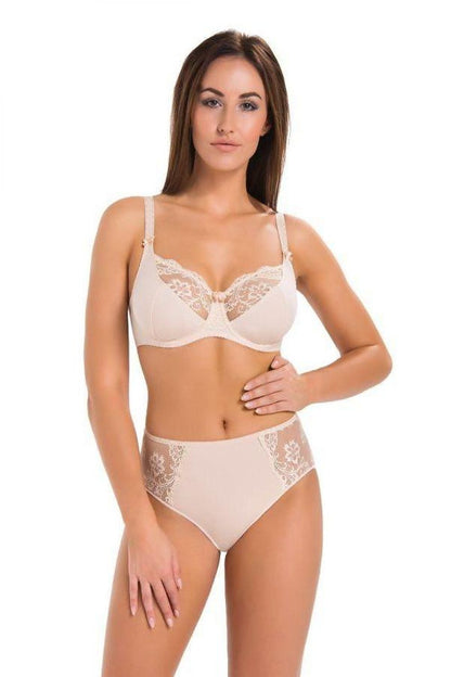 Comfortable Classic Soft Bra Beige With Underwire It Can Perfectly Fit Your Figure Top Of The Cups Has Elegant Floral Lace Gives It A Striking Look  Lifts And Shapes Your Bust It Masks The Figures Flaws Has A Bow Perfect For Everyday Use For Any Occasion