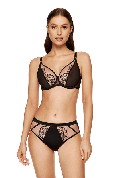 Classy Elegant Soft Bra Black & Beige Transparent Pulled Up Soft Cups Made Of Double Mesh And Embroidery Back Made Of Reinforced Elastic Tulle Gold Details Add A Touch Of Elegance