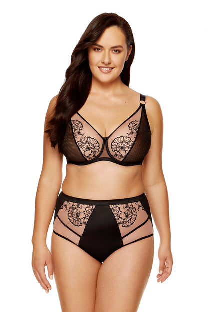 Classy Elegant Soft Bra Black & Beige Transparent Pulled Up Soft Cups Made Of Double Mesh And Embroidery Back Made Of Reinforced Elastic Tulle Gold Details Add A Touch Of Elegance