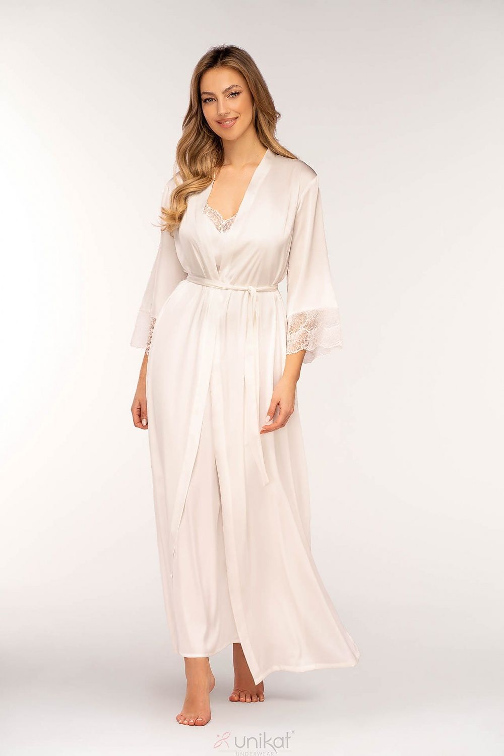 Unique And Sensual Look Perfect For Evening Moments Of Relaxation  Long Satin Bathrobe 3/4 Sleeves