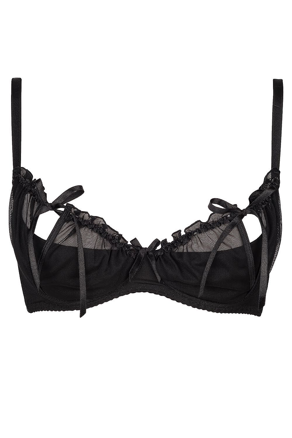 Tempting Black Frivolous Bows Bra With Exposing Parts Under A Tulle Veil