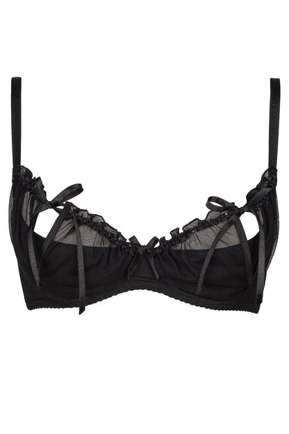 Tempting Black Frivolous Bows Bra With Exposing Parts Under A Tulle Veil