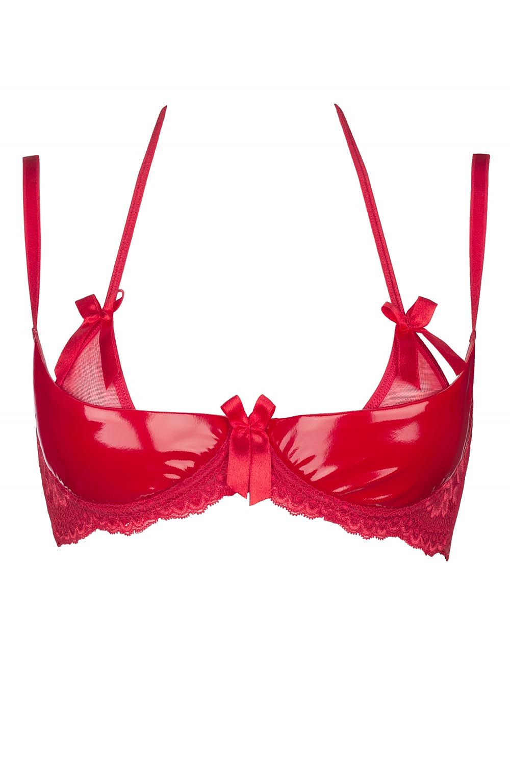 Shiny Red Glossy Cups & Tulle Trim Lace Sides Cupless Bra With Bows