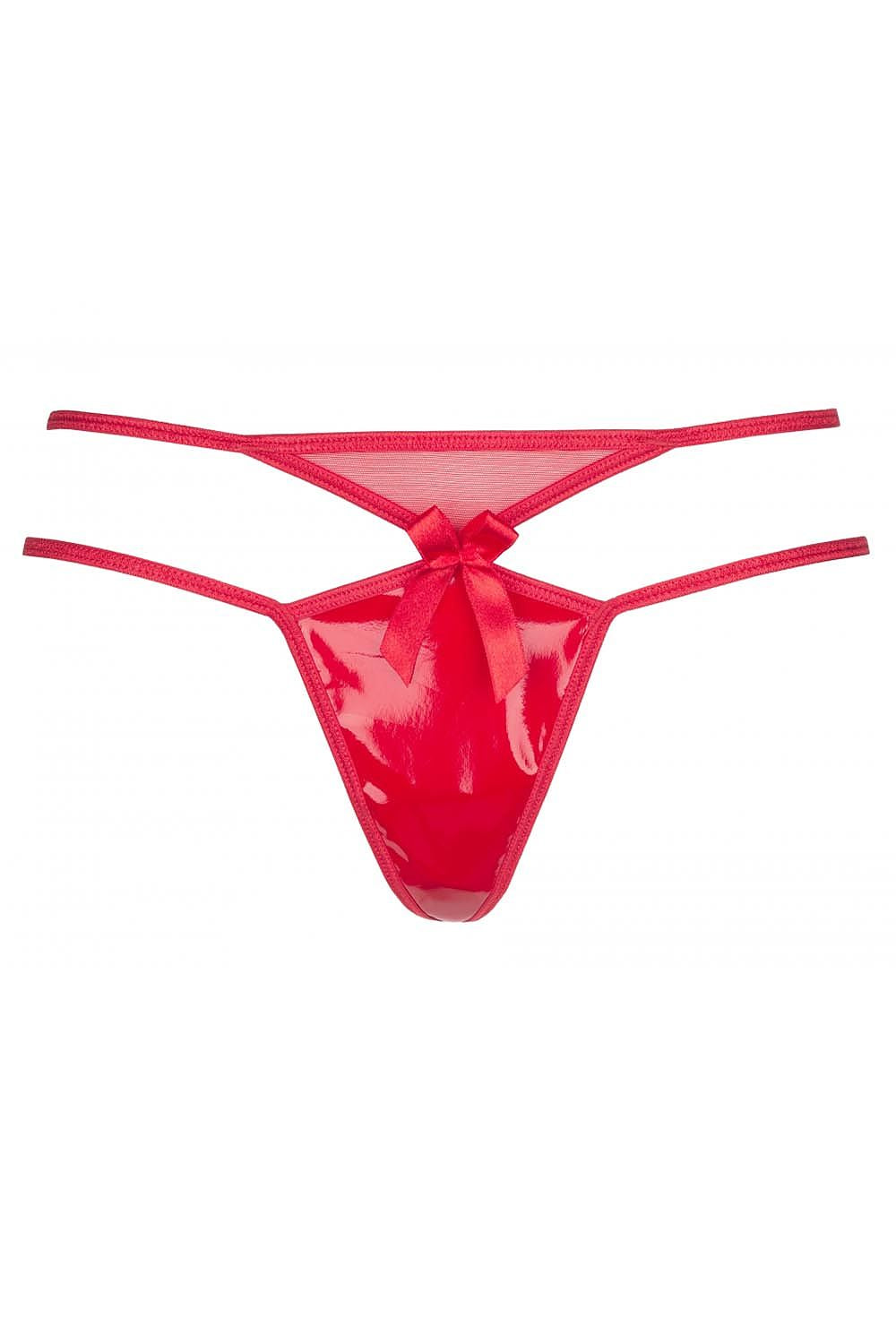 Shiny Red Cut-Out Straps Thong With Bows