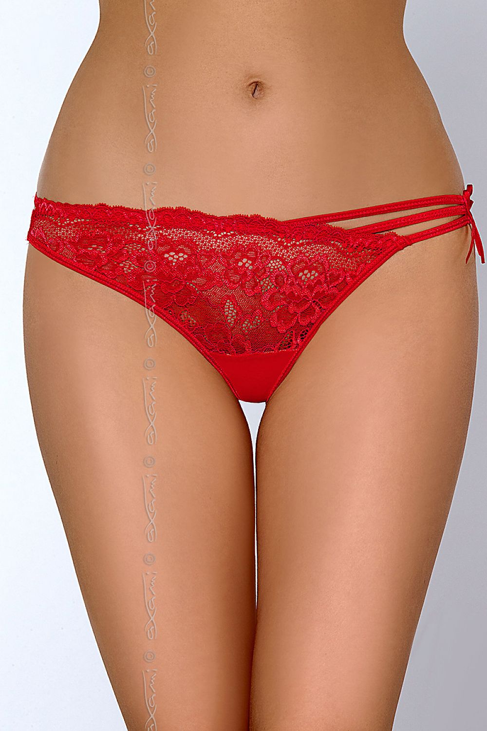 Red Lace & Stripes Thong With Seductive Back