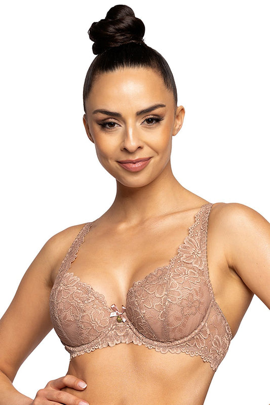 Brown Padded Bra Cups And Bridge Have Beautiful Lace Floral Motif Satin Bow Between Cups Back Made Of Lace